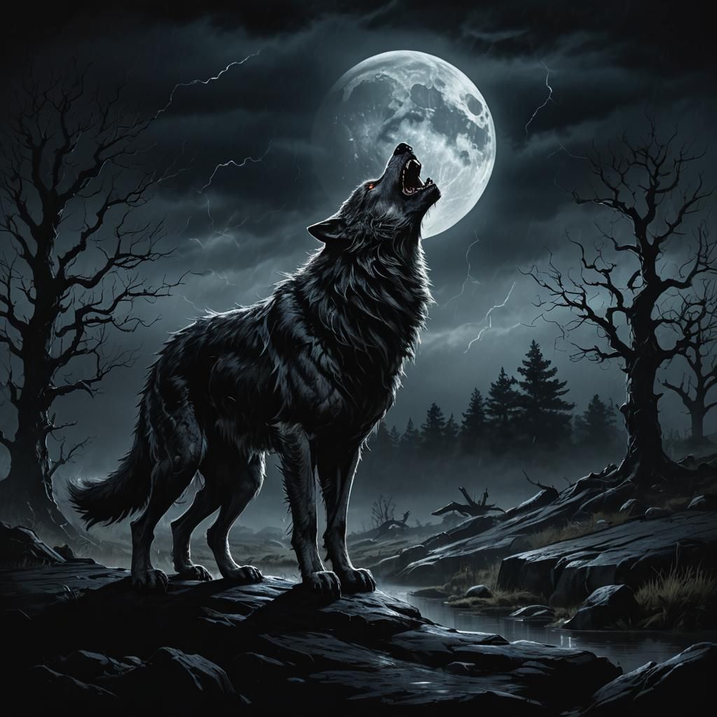 Werewolf Howling at Moon on Dark Moor