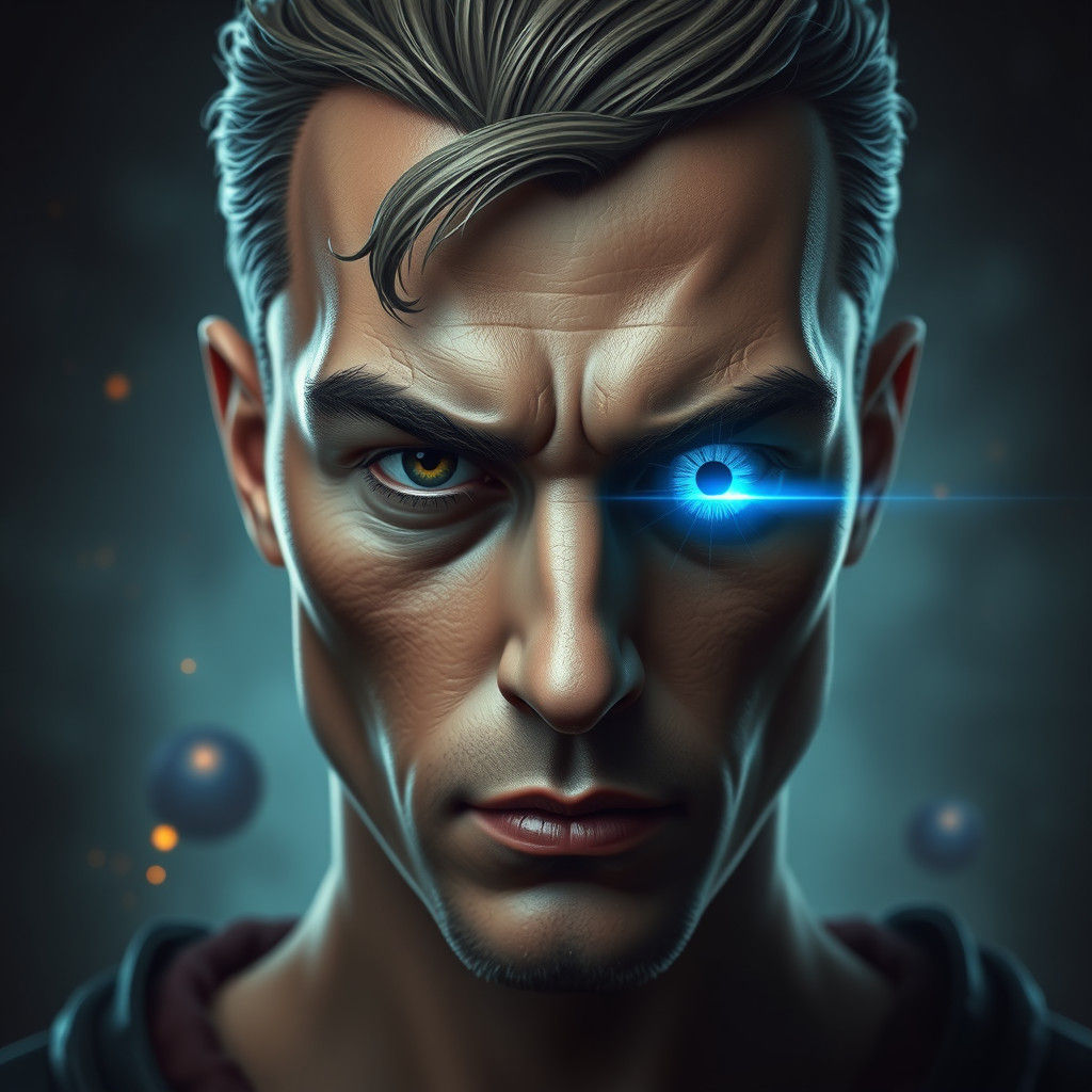 Mystical Man with Piercing Eyes in Fantasy Landscape