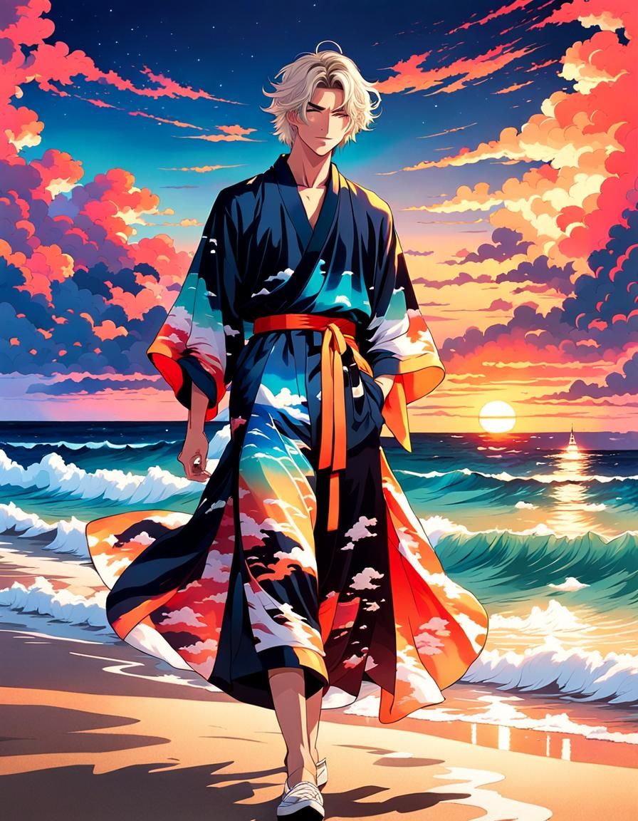 Anime Manga Beach Boy in Kimono at Sunset