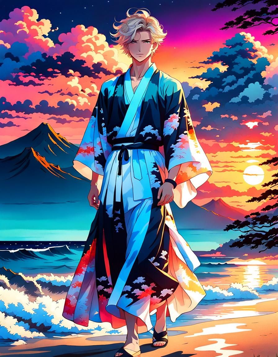 Anime Beach Boy in Kimono at Sunset