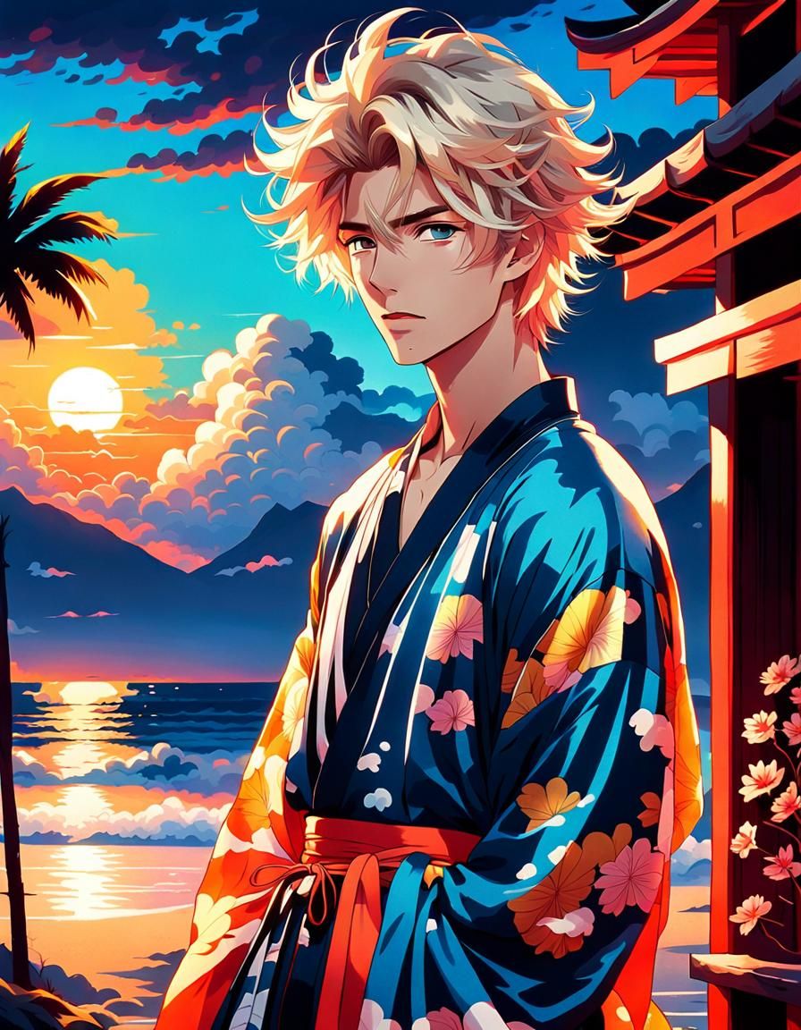 Anime Manga Hot Boy on Beach at Sunset