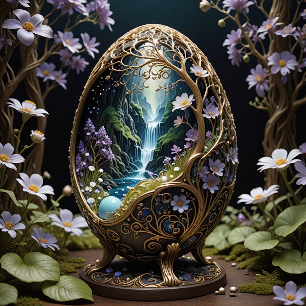 Ethereal Egg in Art Nouveau Style with Bioluminescent Landsc...