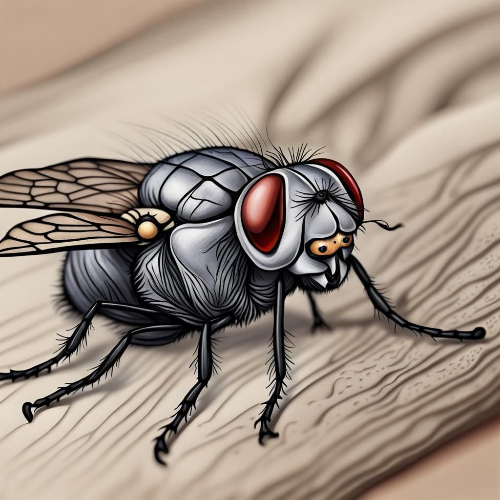 Macro Portrait of Fly Biting Skin in Colored Pencil