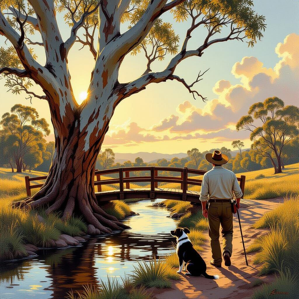 Man and Dog in Windswept Landscape Oil Painting