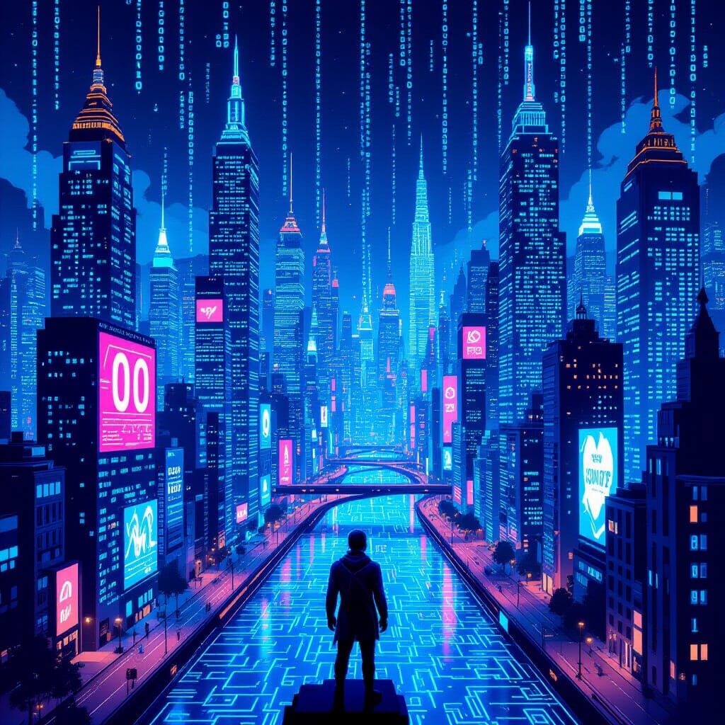 Code Cityscape With Digital Creature In Comic Style