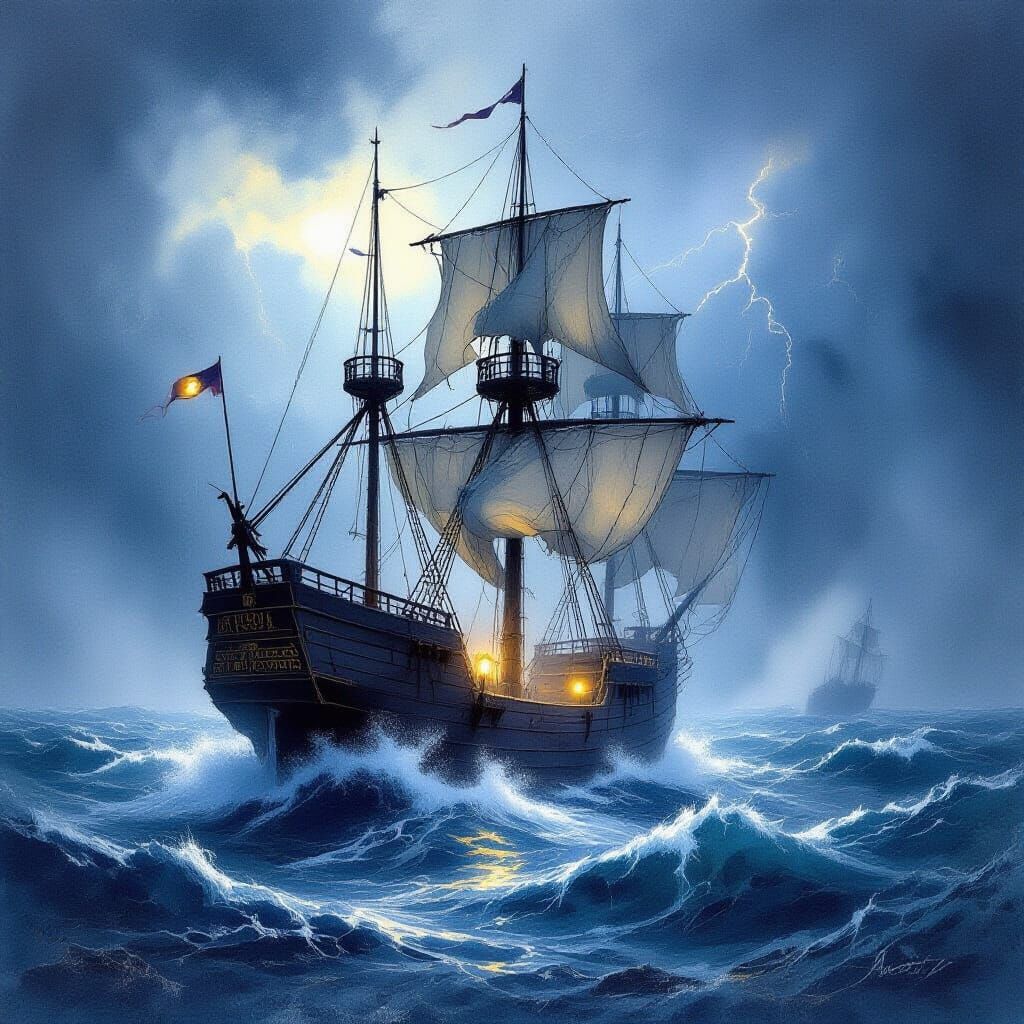 Ghostly Galleon Sails Stormy Seas in Watercolor Style