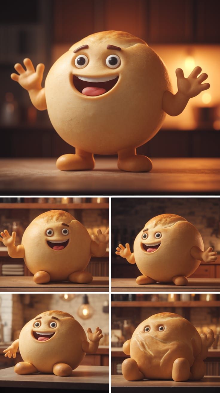 Charming Cartoon Bread Character in Cozy Kitchen