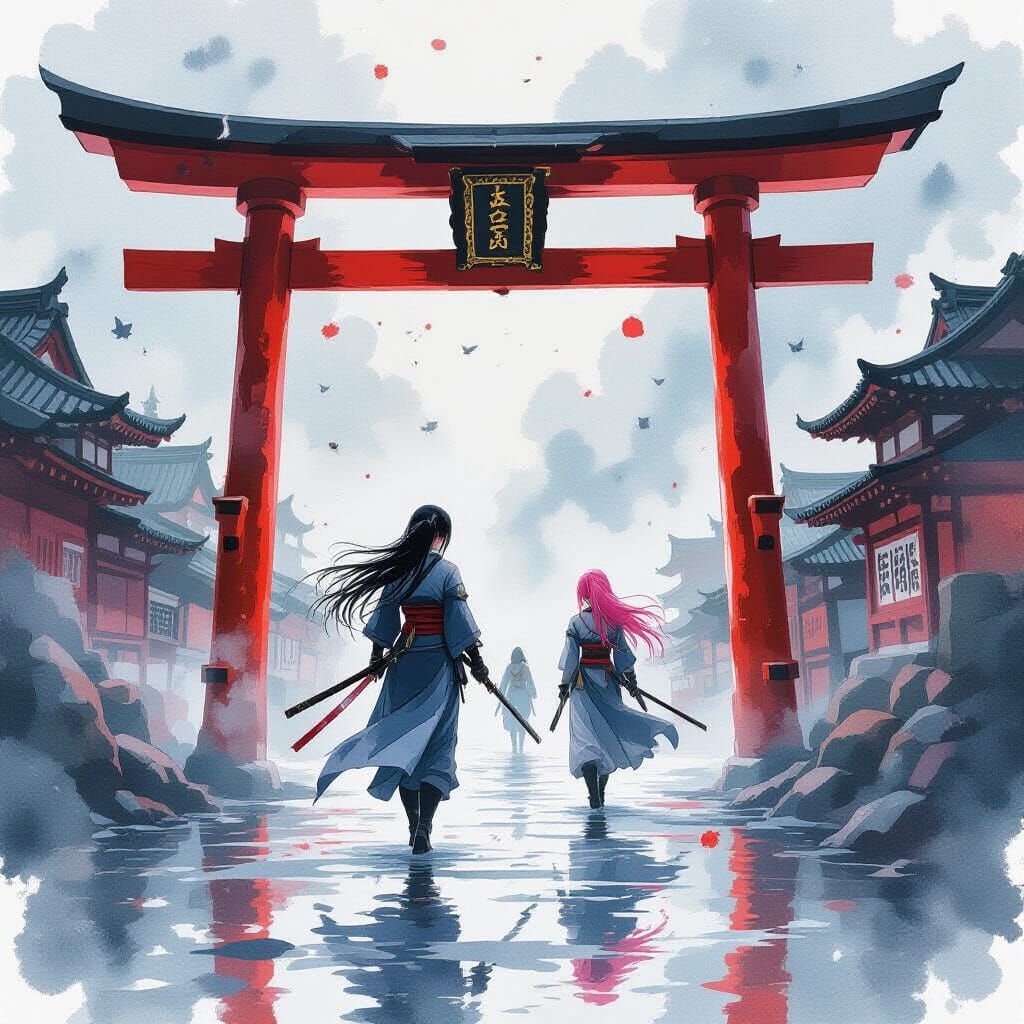 Two Female Ninjas in Watercolor Splatter Style