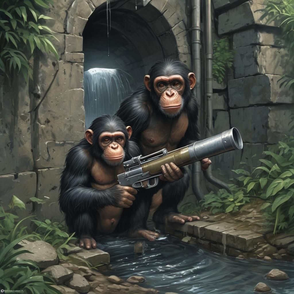 Chimpanzee Bazooka in Sewer, 3D Anime Art