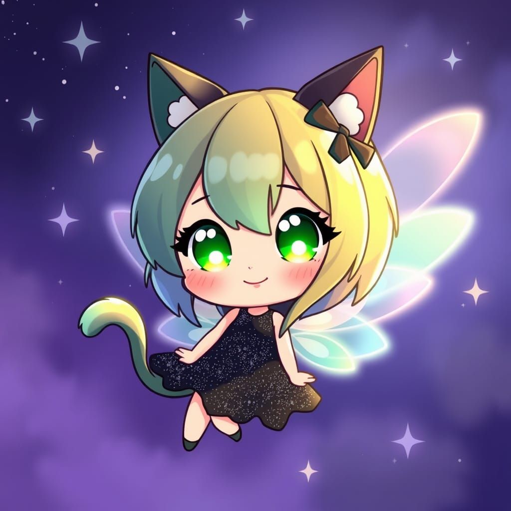 Whimsical Green Fairy Cat Soars Under Starry Night