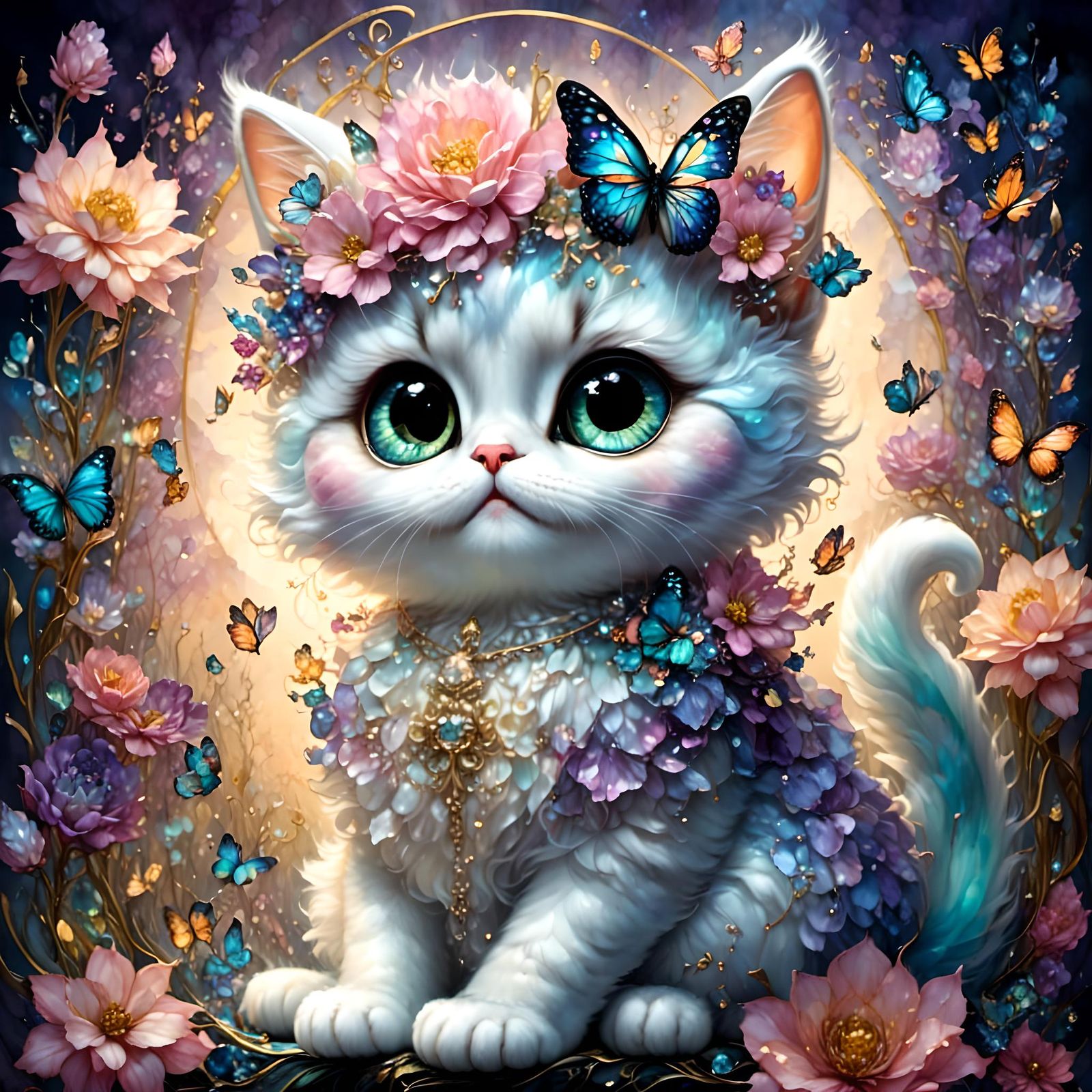 Cute Chibi Cats on Flower, Fantasy Ink Style