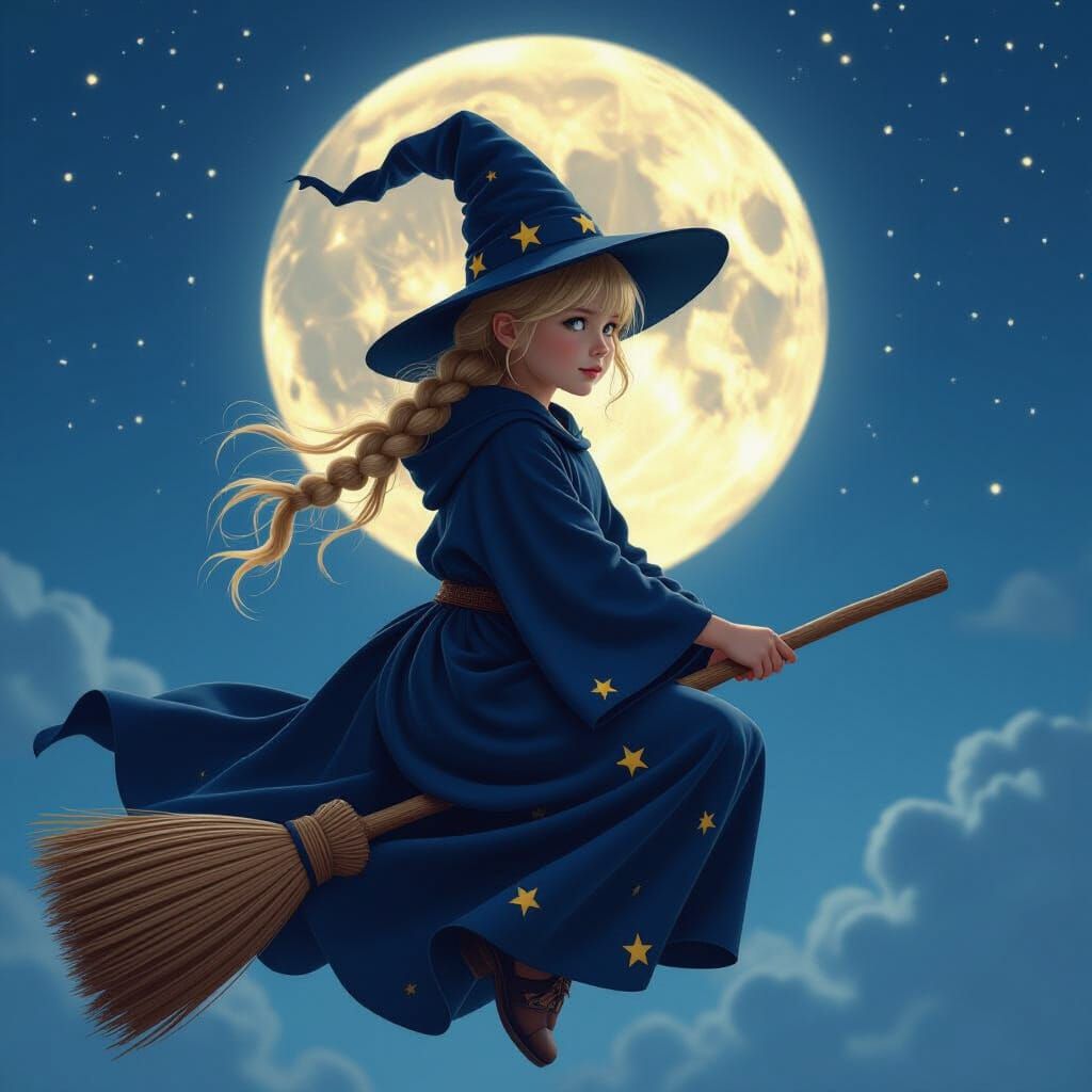 Witch Girl Rides Broomstick Under Full Moon