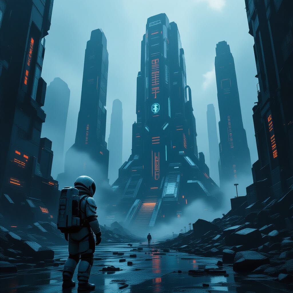 Astronaut Explores Futuristic Alien Ruins in Cyberpunk Style