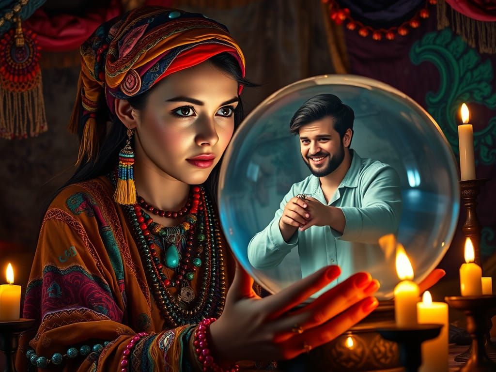 Fortune Teller in Whimsical Gypsy Tent with Crystal Ball