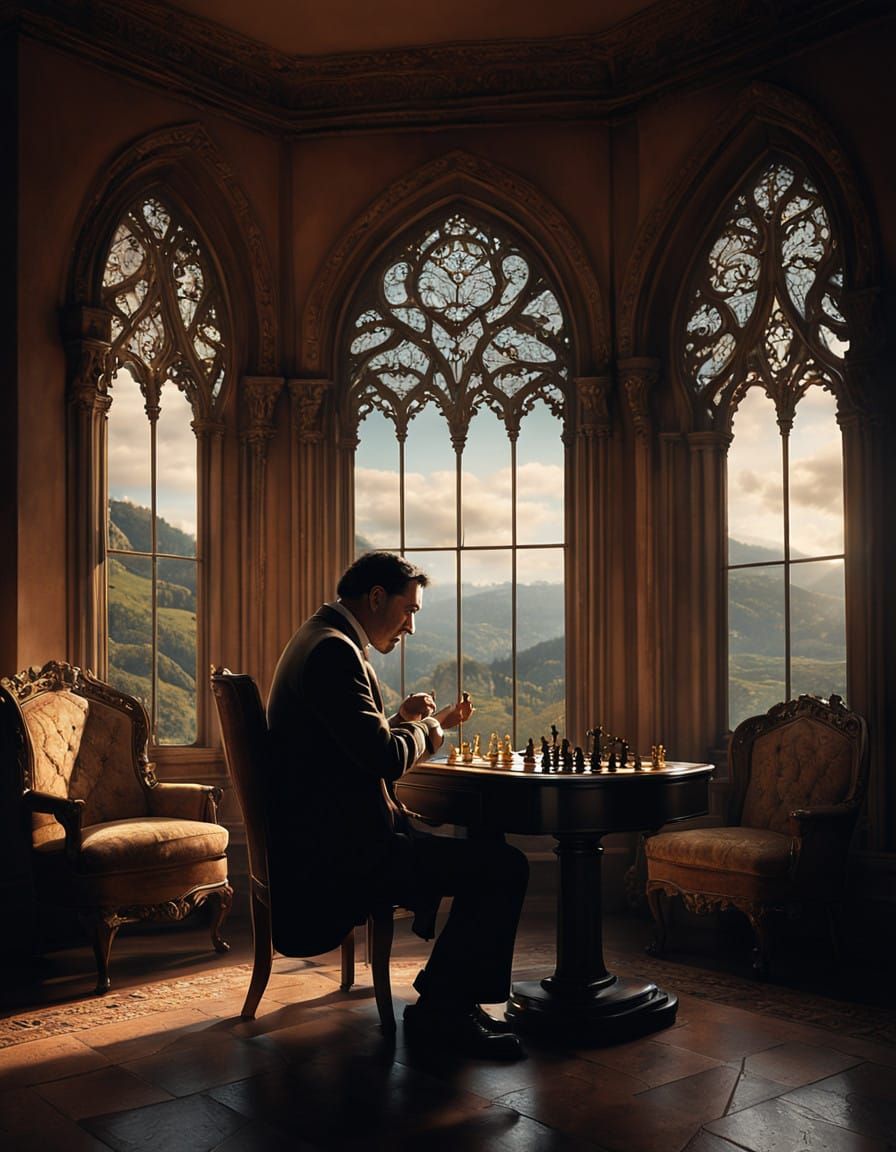 Elegant Chess Player in Cinematic Grandeur
