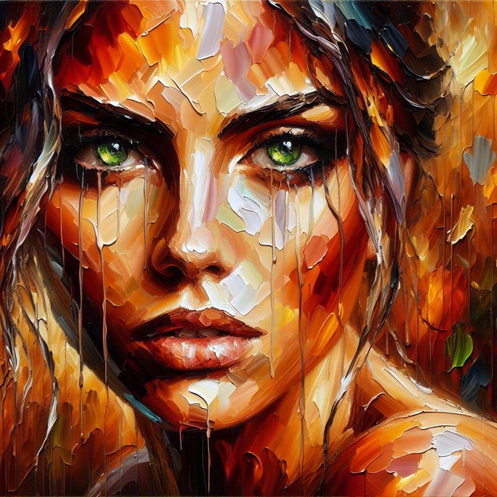 Beautiful Woman with Green Eyes in Oil Painting Style