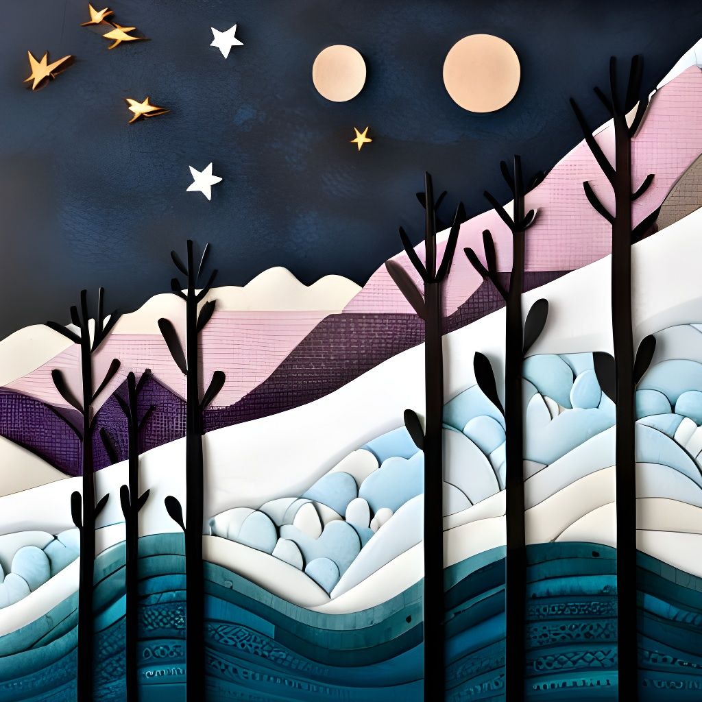 Boho Night Scene with Trees and Hills