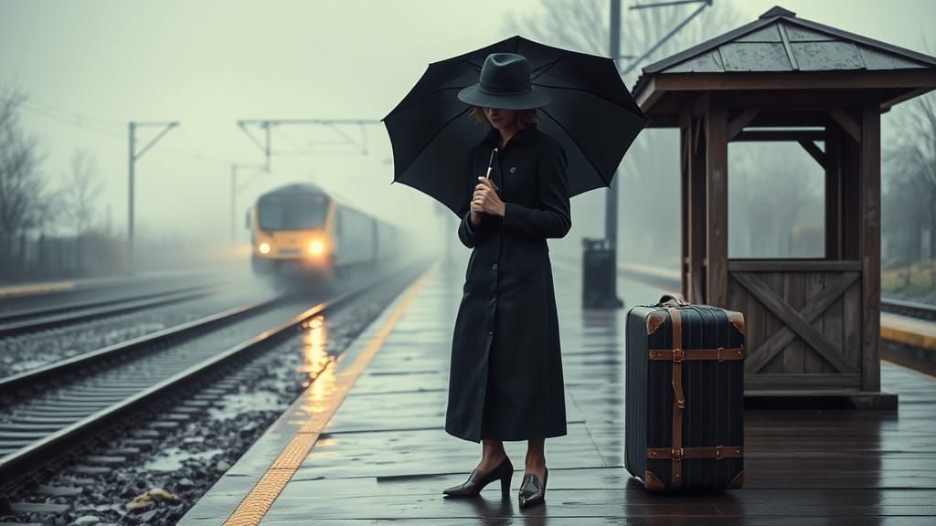 Elegant Woman Waits on Rainy Train Platform in a Whimsical, ...