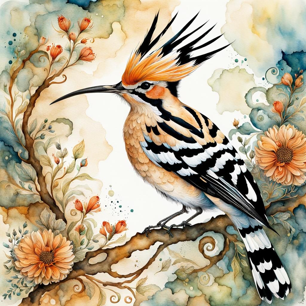 Hoopoe in Greek Nature: Watercolor Ink Splash Art