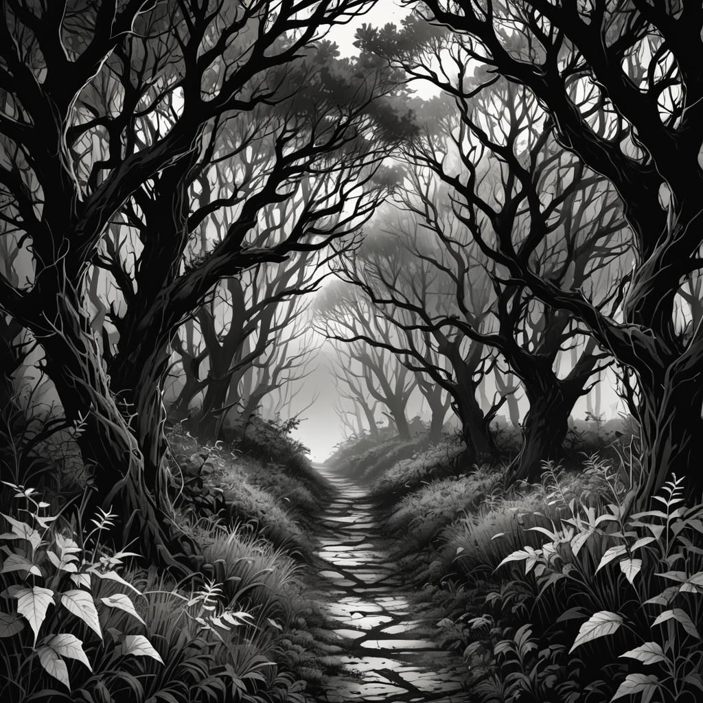 Eerie Forest Path at Night: Manga Line Art