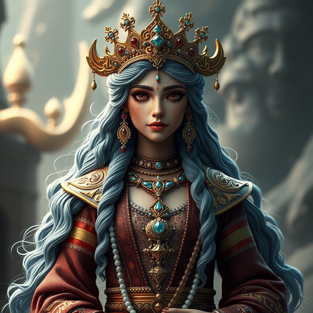 Iranian Fortune Goddess Ashi in Hyperrealistic 3D Rendering
