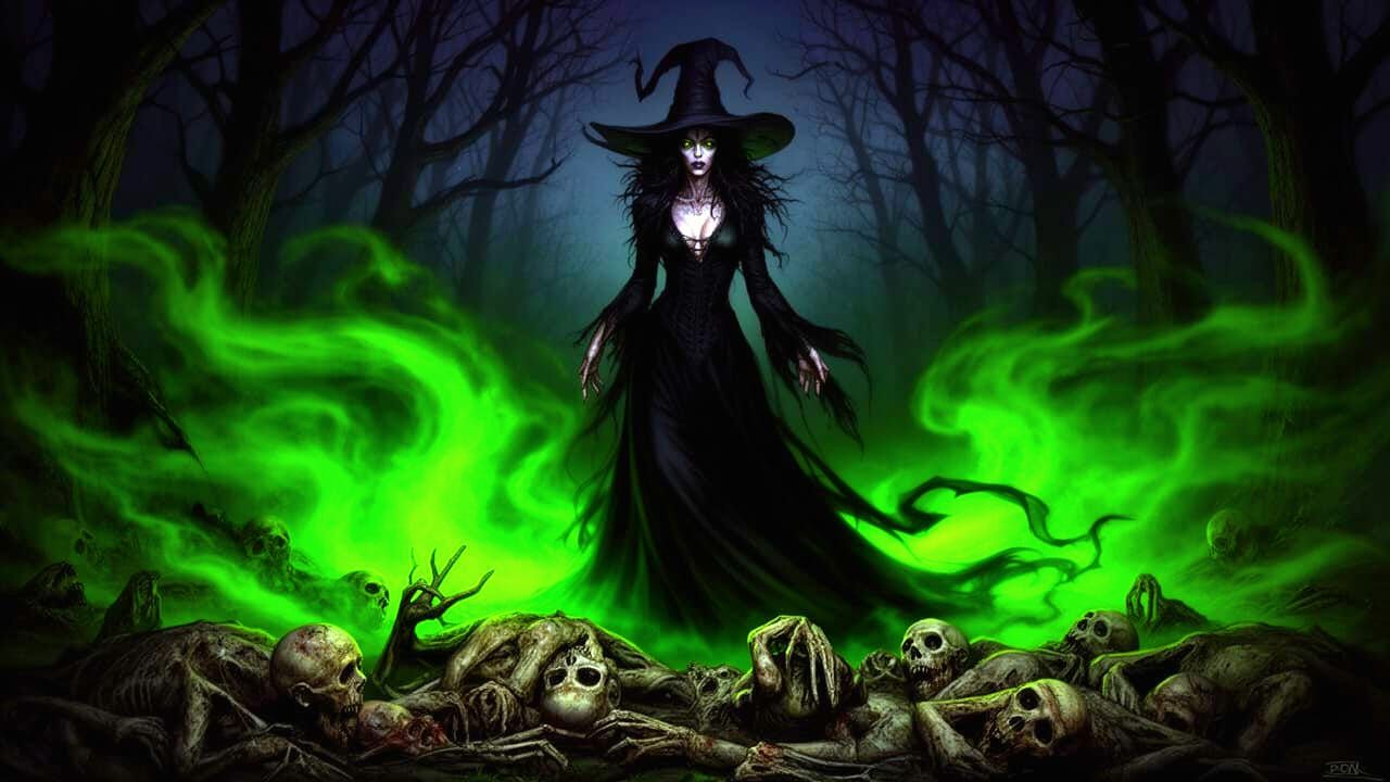 Dark Witch in Foggy Forest with Corpses