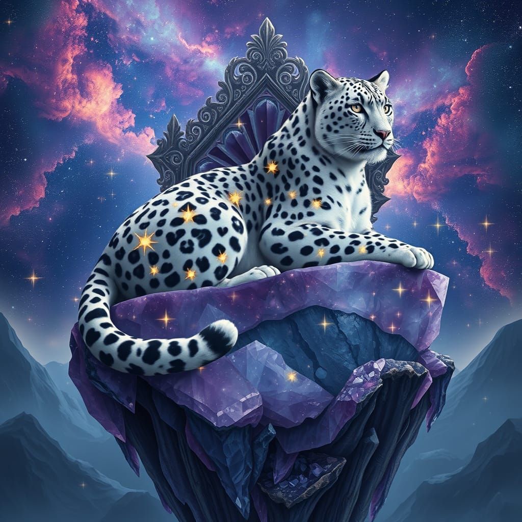 Constellation Snow Leopard on Amethyst Throne in Art Nouveau...