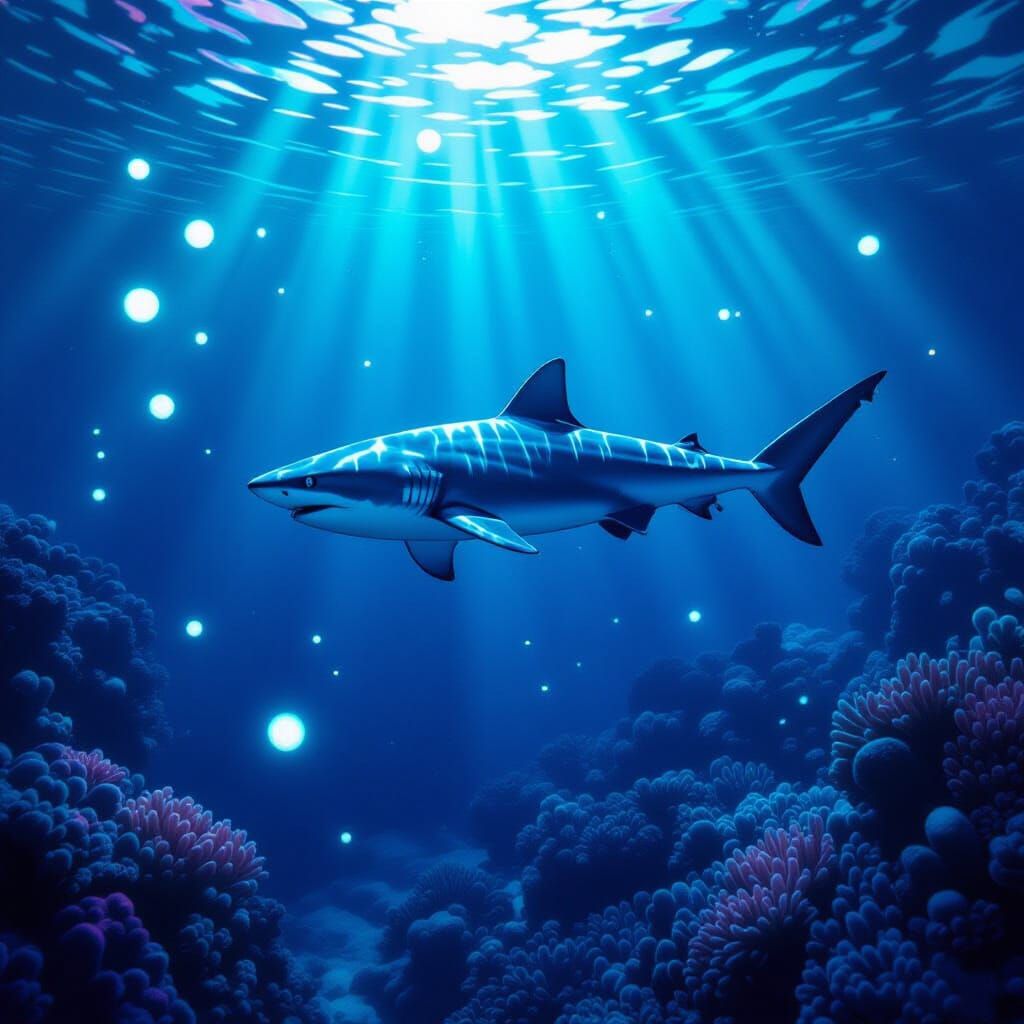 Bioluminescent Shark in Deep Indigo Waters