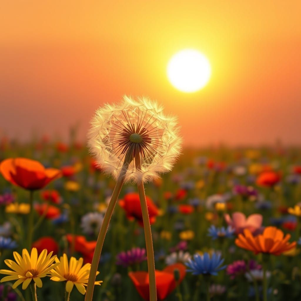 Golden Dandelion in Vibrant Field of Flowers, Sunlit Landsca...