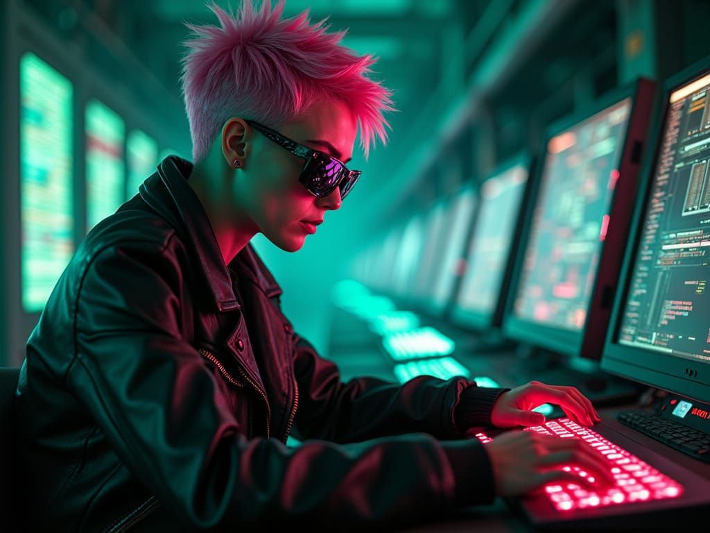 Cyberpunk Hacker in Gritty Underground Lair