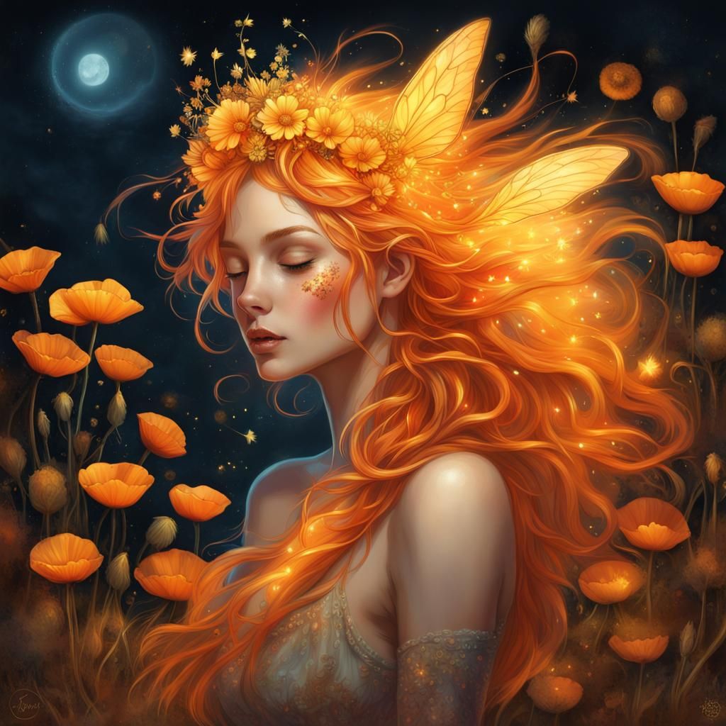 Glowing Fairy Portrait with Bioluminescence and Poppy Crown