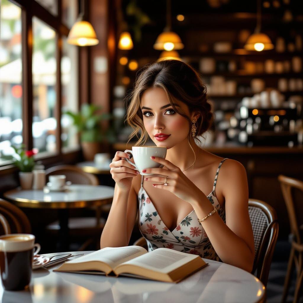 Vintage Cafe Scene of Woman Reading