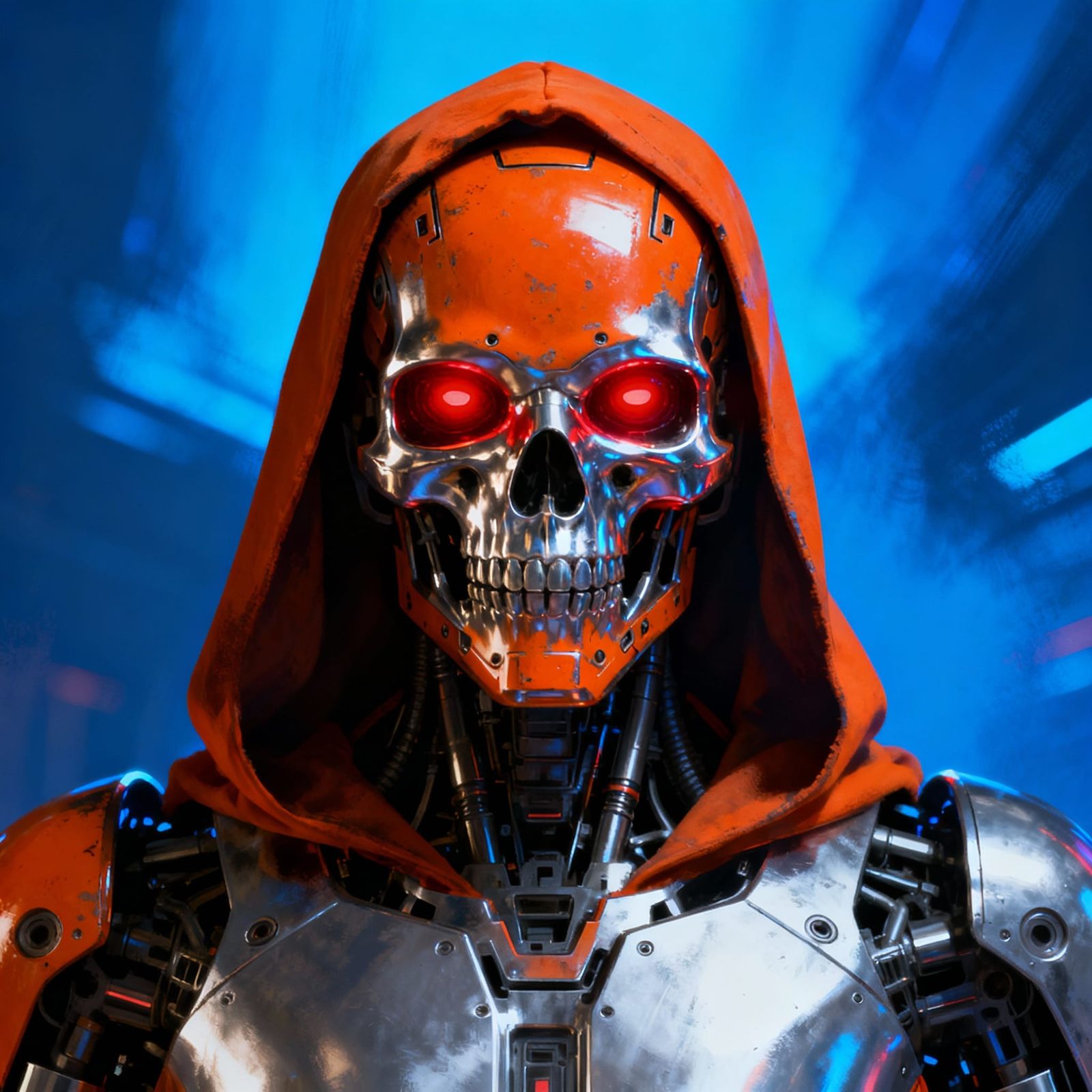 Orange Robot Head with Skull Motif and Red Eyes