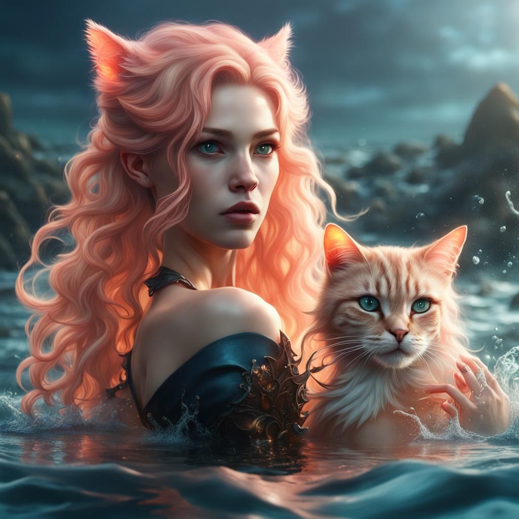 Beautiful Cat Girl in Water: Fantasy Concept Art