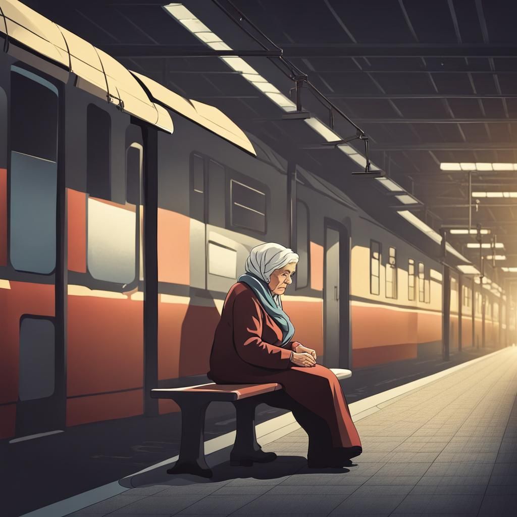 Solitary Old Woman Waits at Evening Station