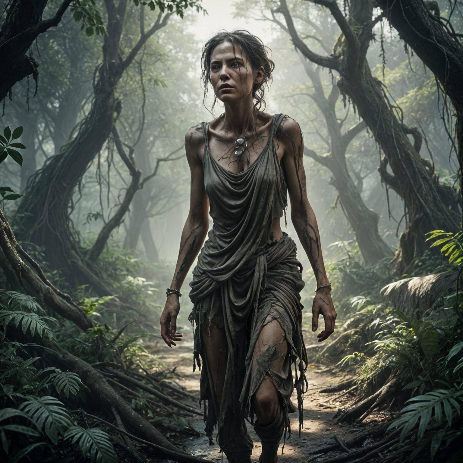 Weary Woman Wanders Through Overgrown Forest