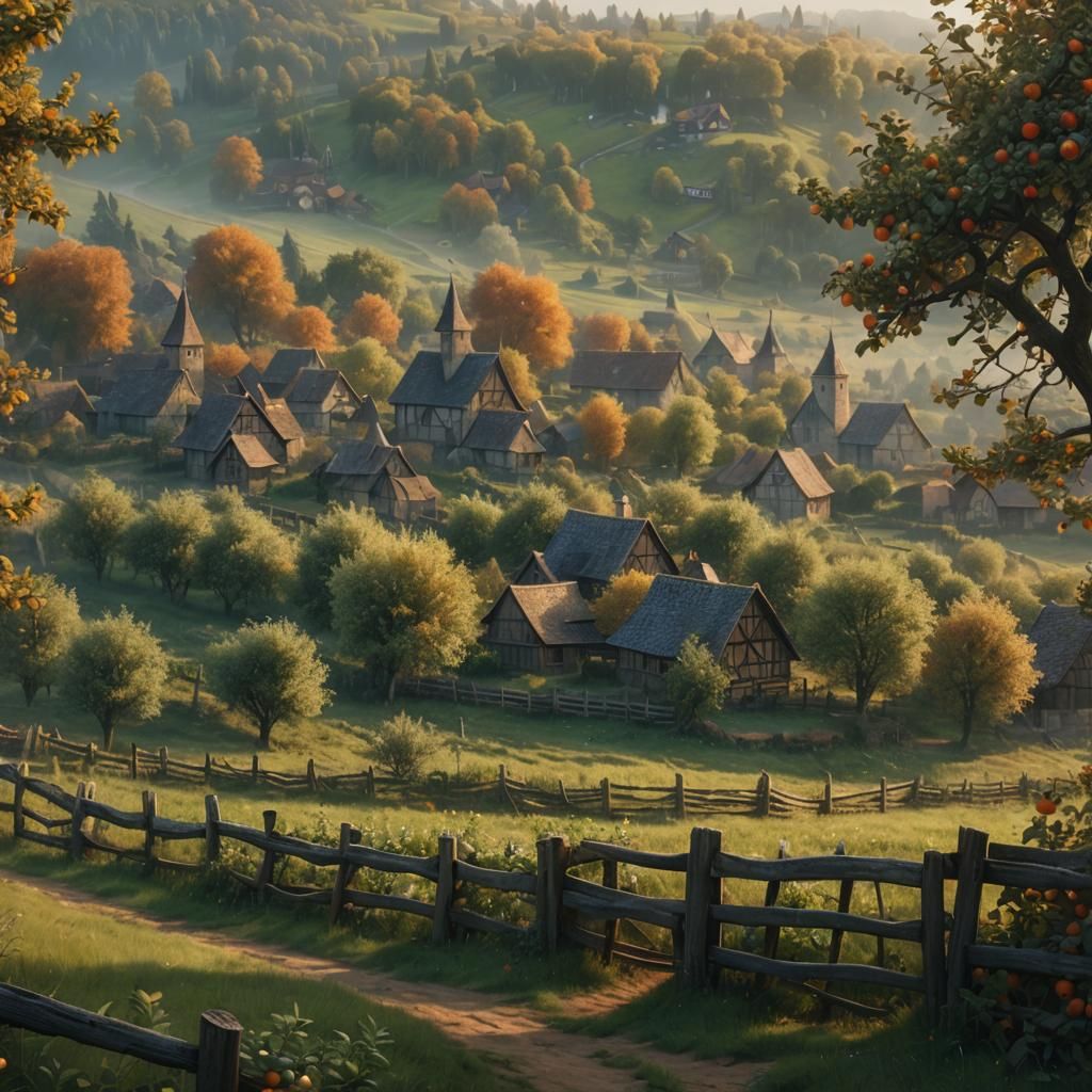 Idyllic Apple Orchard Near Medieval Village