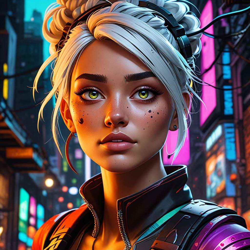 Cyberpunk Heroine in Vibrant Metallic Armor