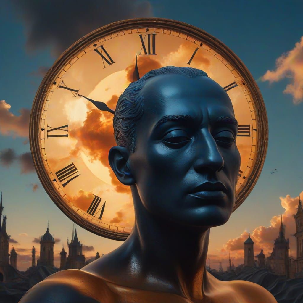 Surreal Figure Under Black Sun with Melting Clock Towers