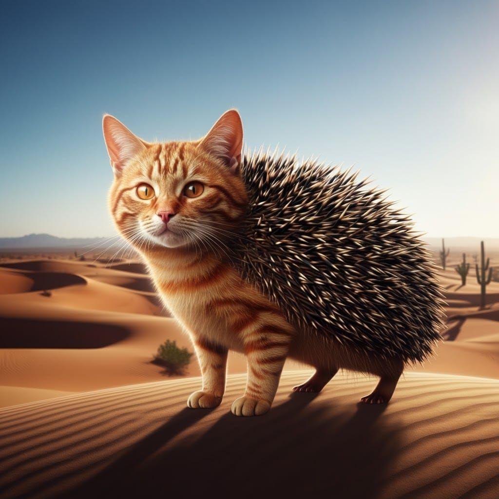 Ginger Cat-Hedgehog Hybrid in Desert Landscape