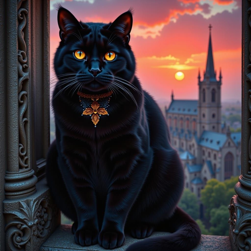 Gothic Black Cat with Golden Eyes in Volumetric Lighting