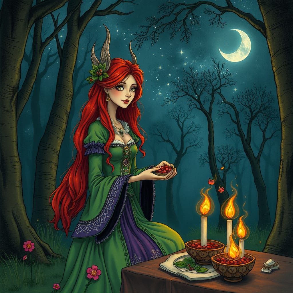 Enchanting Witch Brews Potion in Fantasy Forest