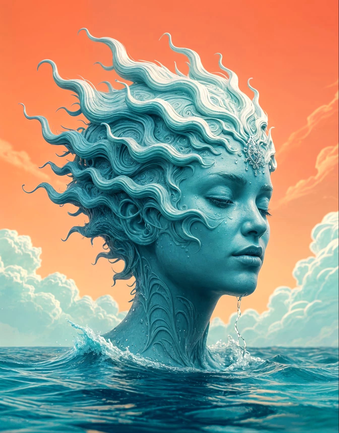 Fantastical Water Head in Detailed Digital Painting