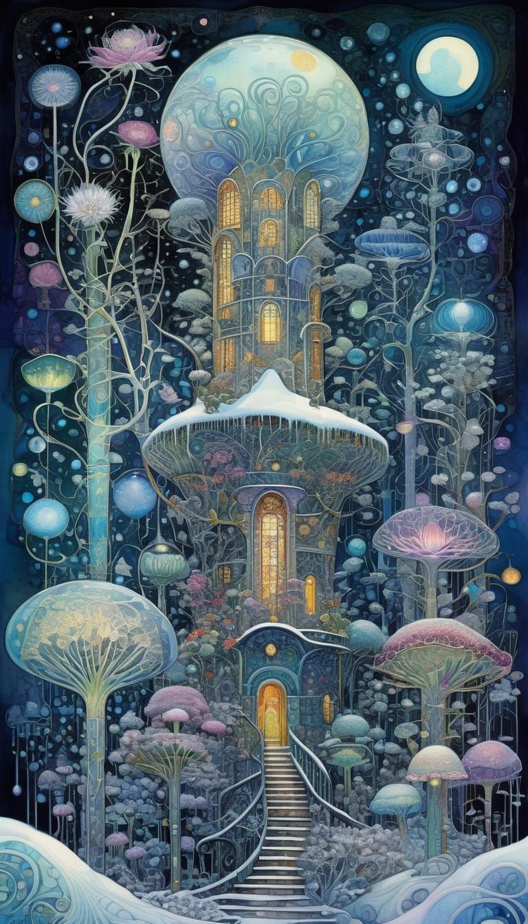 Intricate Ice Flowers Bloom on Tower Garden in Winter Night ...