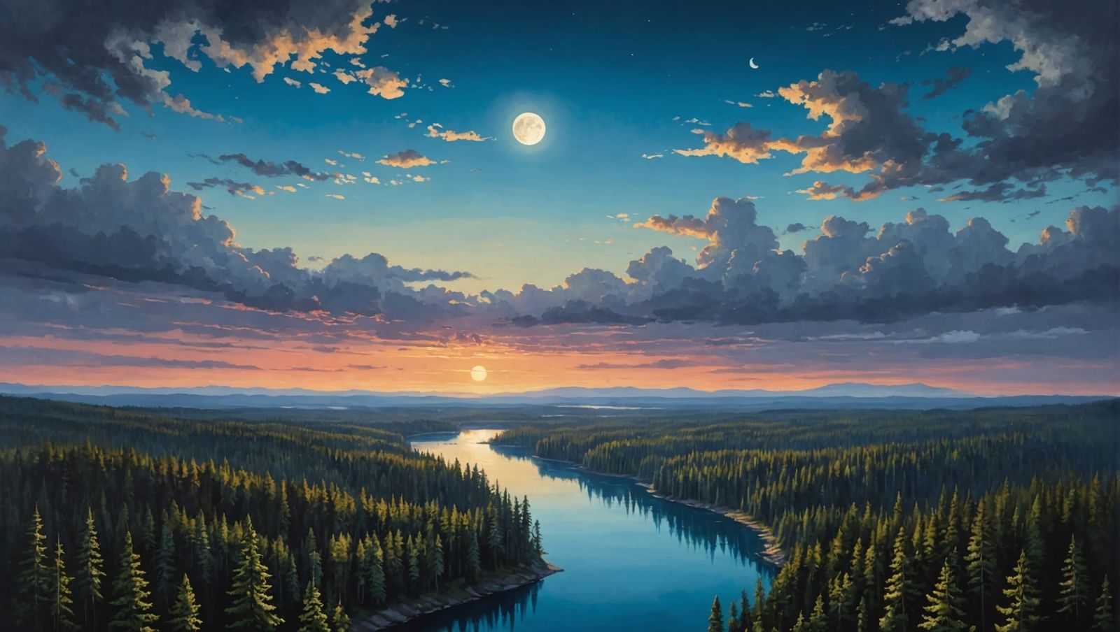 Twilight Lake and Forest Aerial View Painting