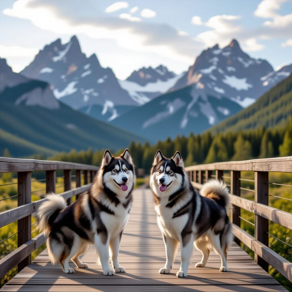Siberian Dogs on Bridge Between Majestic Mountains