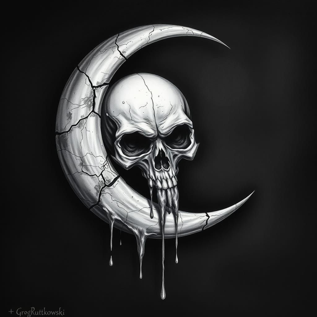 Mysterious Crescent Moon with Cracked Skull Face in Haunting...