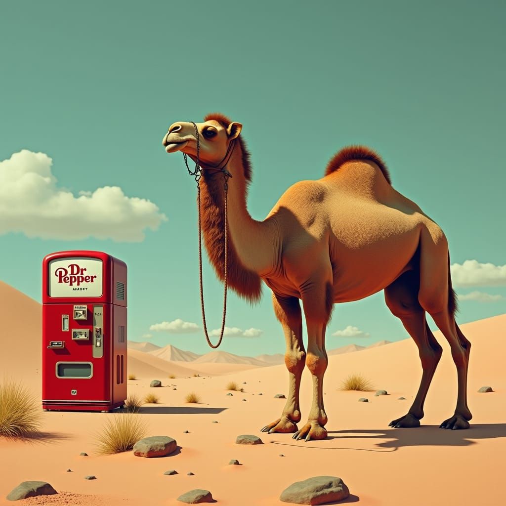 Camel and Dr. Pepper in Retro Desert Oasis