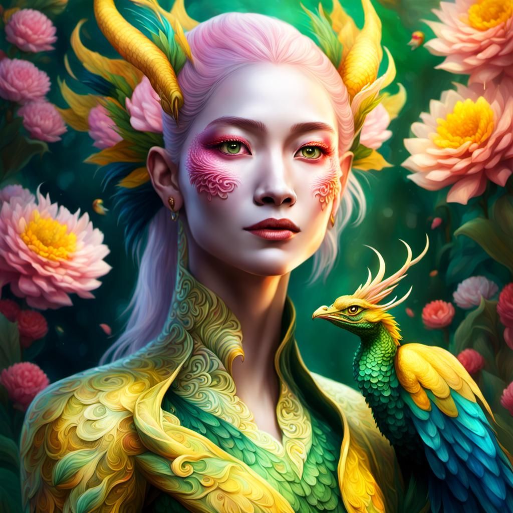 Dragon Peacock Woman in a Hyper-Realistic Digital Art