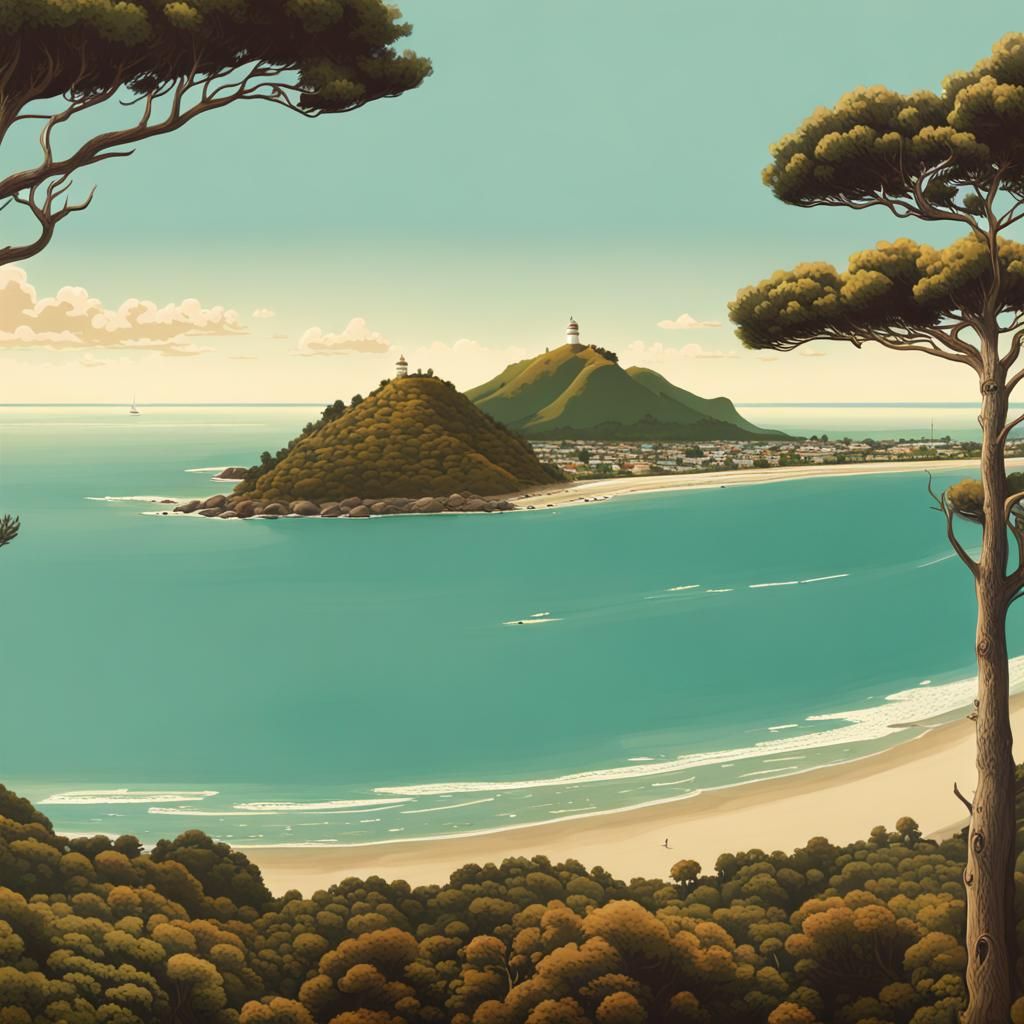 Mount Maunganui Landscape in Wes Anderson Style